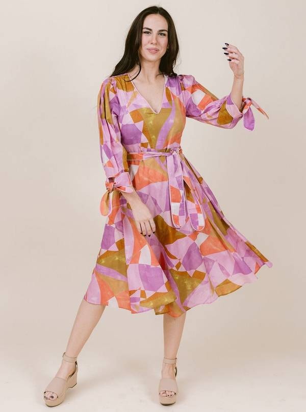 Laroque Davis Midi Dress Pink Art Deco A Line Belted V Neck M Cottagecore Preppy